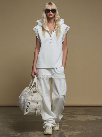 Hooded Lace-trimmed Button-up Sleeveless Top And Pants Set