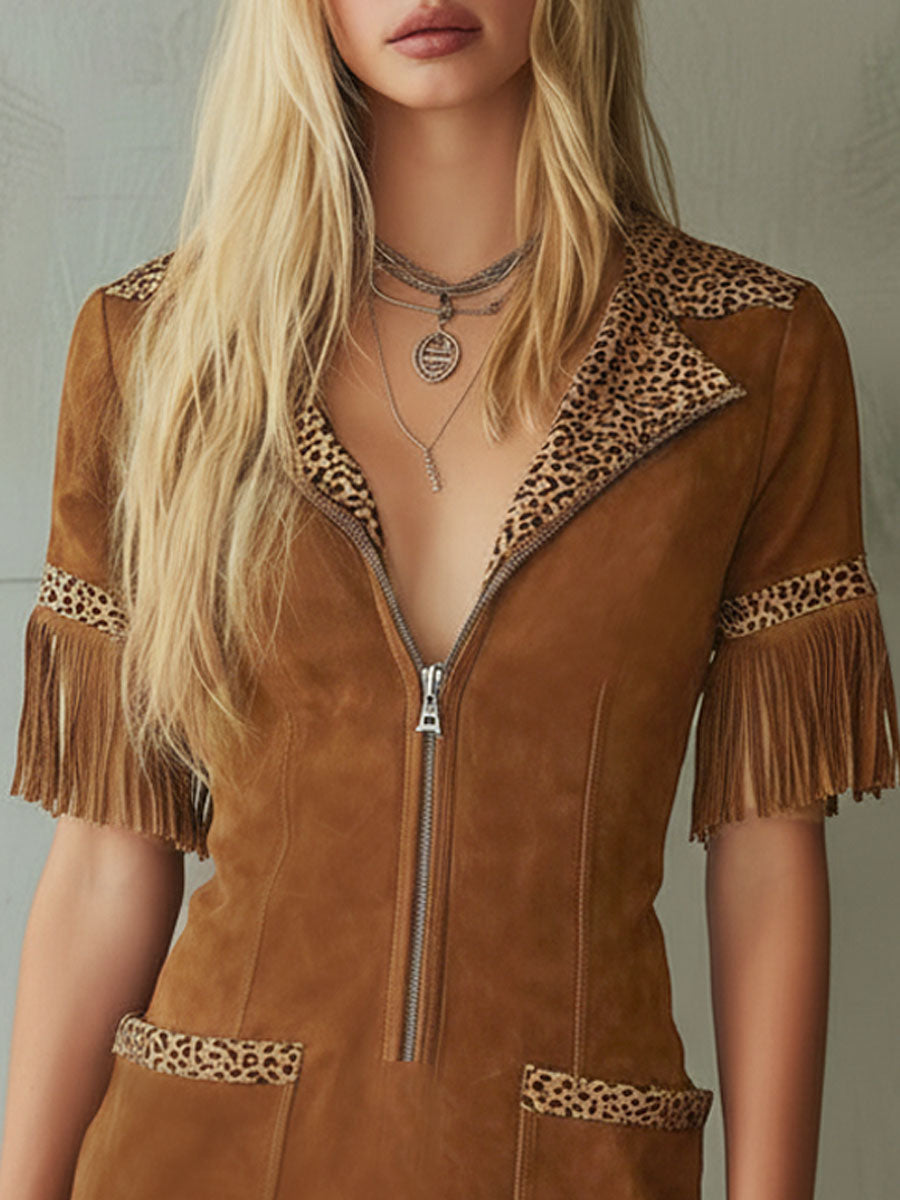 Leopard Print Lapel Zip-up Double Pocket Faux Suede Sleeveless Maxi Dress