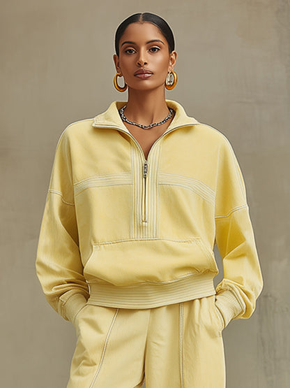 Casual Retro Pale Yellow Cotton Half-zip Sweatshirt And Split Wide-leg Pants Set