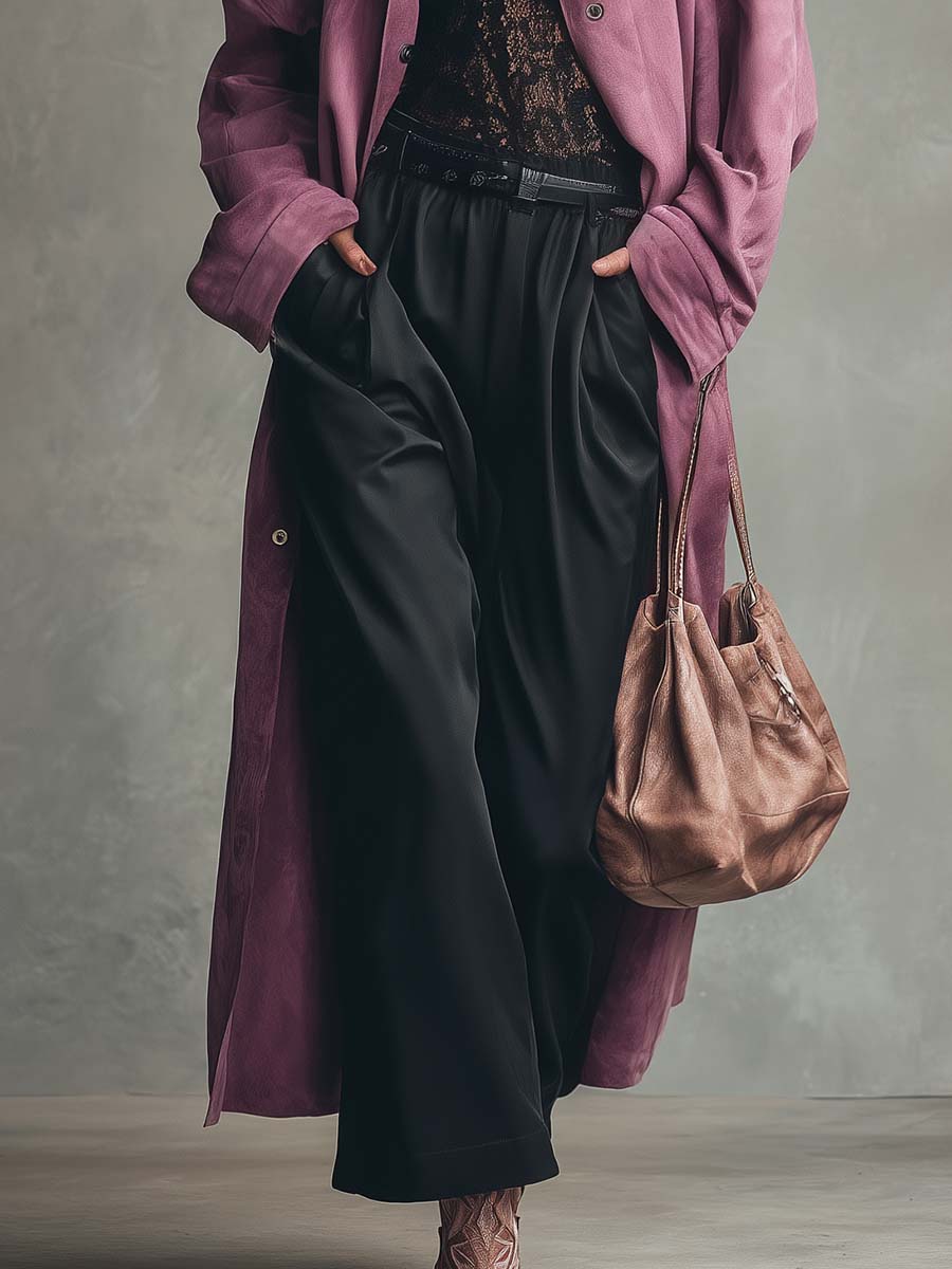 Vintage Elegant Exquisite High-necked Front Button Purple-red Suede Trench Coat