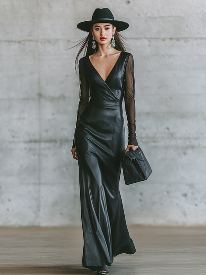 Elegant Edgy Urban V-neck Faux Leather Maxi Dress