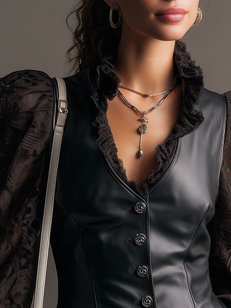 Fashionable Retro Black Lace Long-sleeved PU Vest Shirt