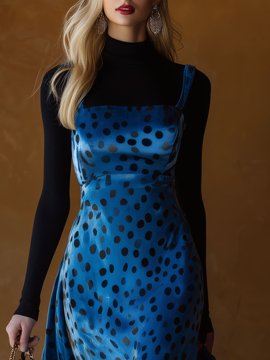 Stylish Retro Black Polka Dot And Blue Velvet Strappy Midi Dress