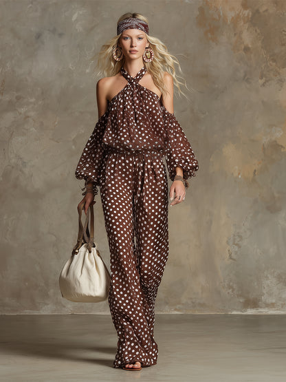 Elegant And Sophisticated Brown Polka Dot Print Chiffon Halter Neck Blouse And Wide-leg Pants Set