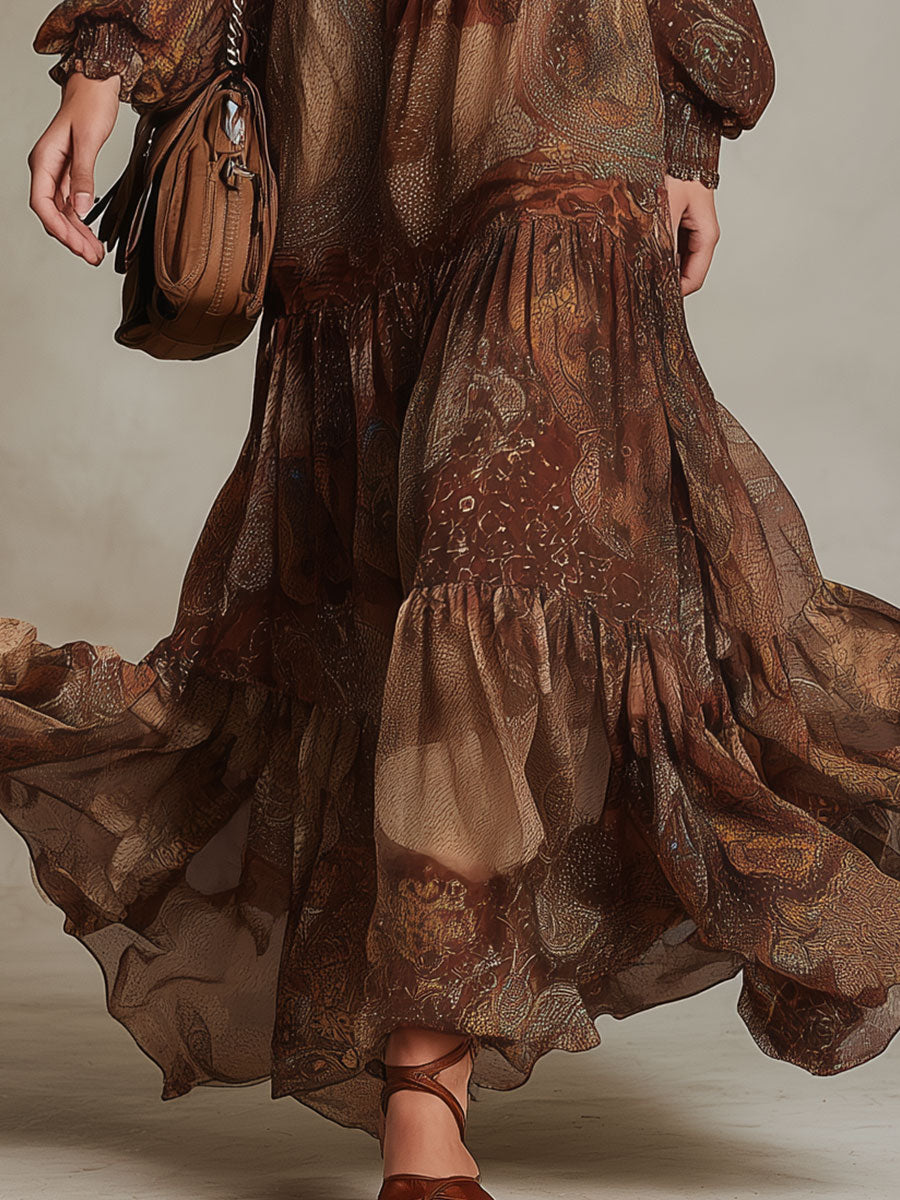 Western Retro Paisley Pattern Brown V-Neck Chiffon Maxi Dress