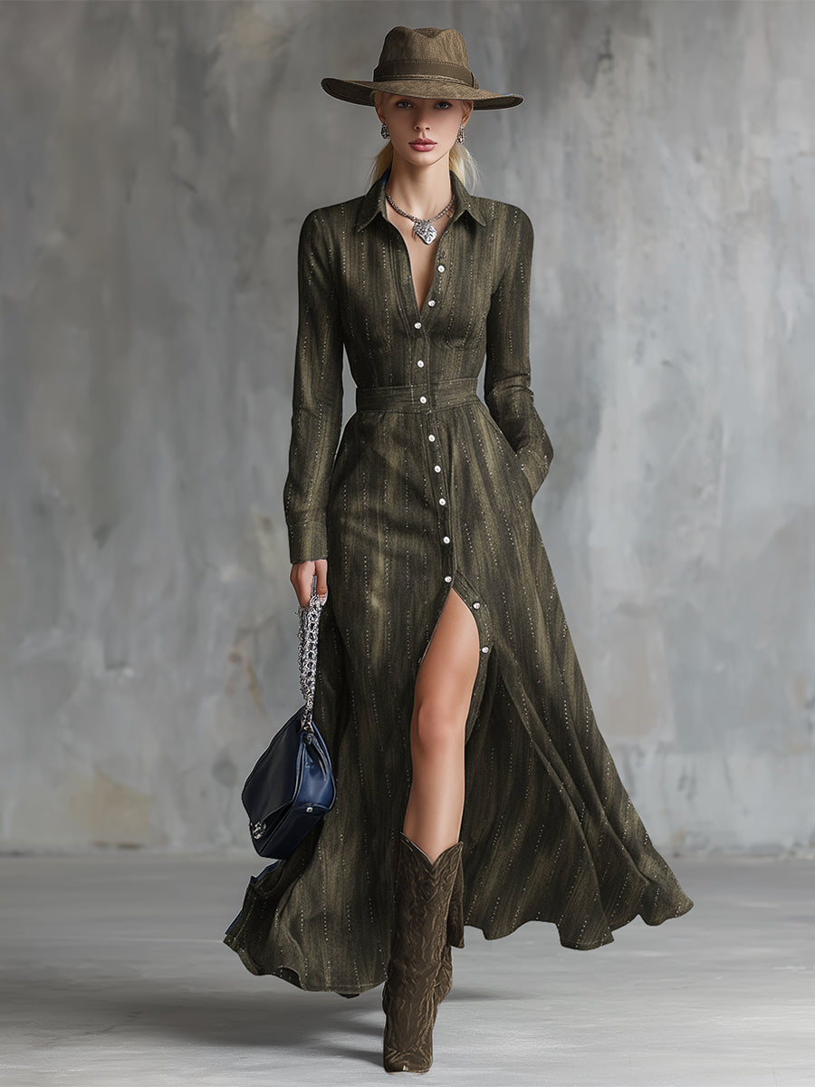 Vintage-inspired Rhinestone Olive Green Lapel Button-down Maxi Dress