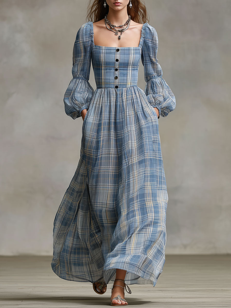 Western Retro Long-Sleeved Blue And White Checkered Chiffon Maxi Dress