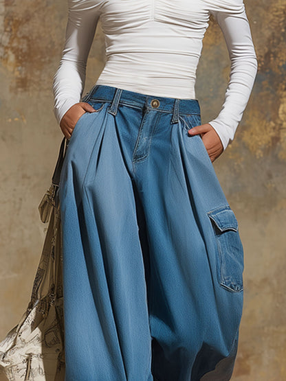 Retro Multi-pocket Wide-leg Cropped Denim Jeans