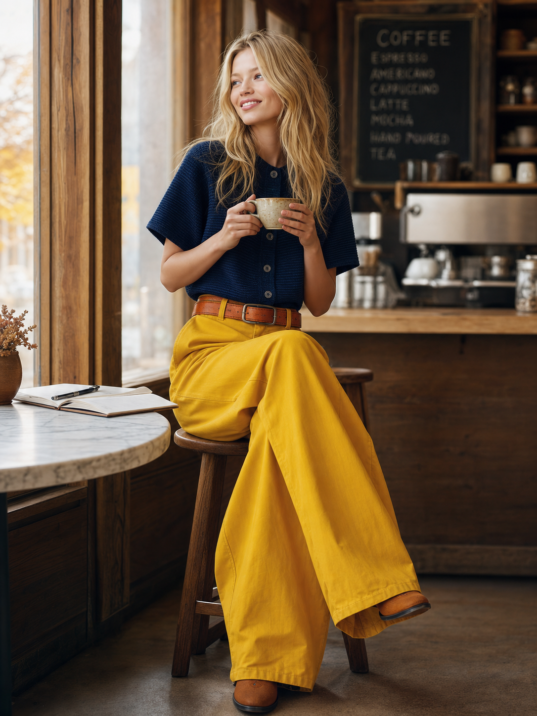 Retro-casual Western-style Blue Knit Top And Yellow Cotton-linen Trousers