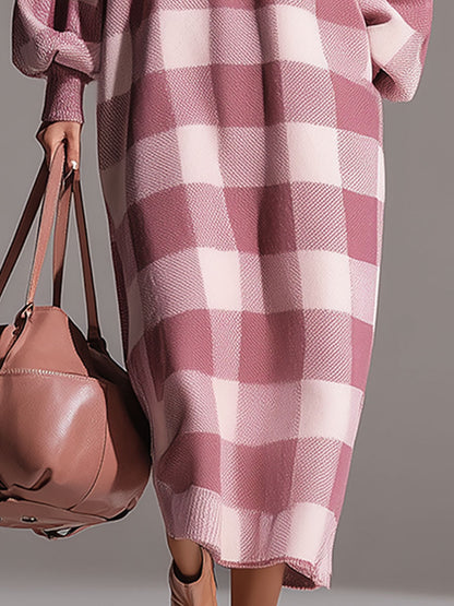 Casual Loose-fitting White And Pink Plaid Round Neck Knit Midi Dress