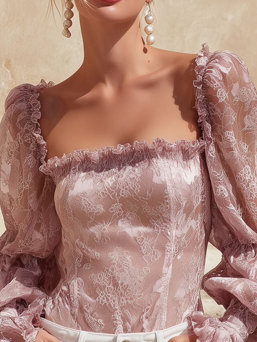 Pink Square-necked Lace Long-sleeved Shirt