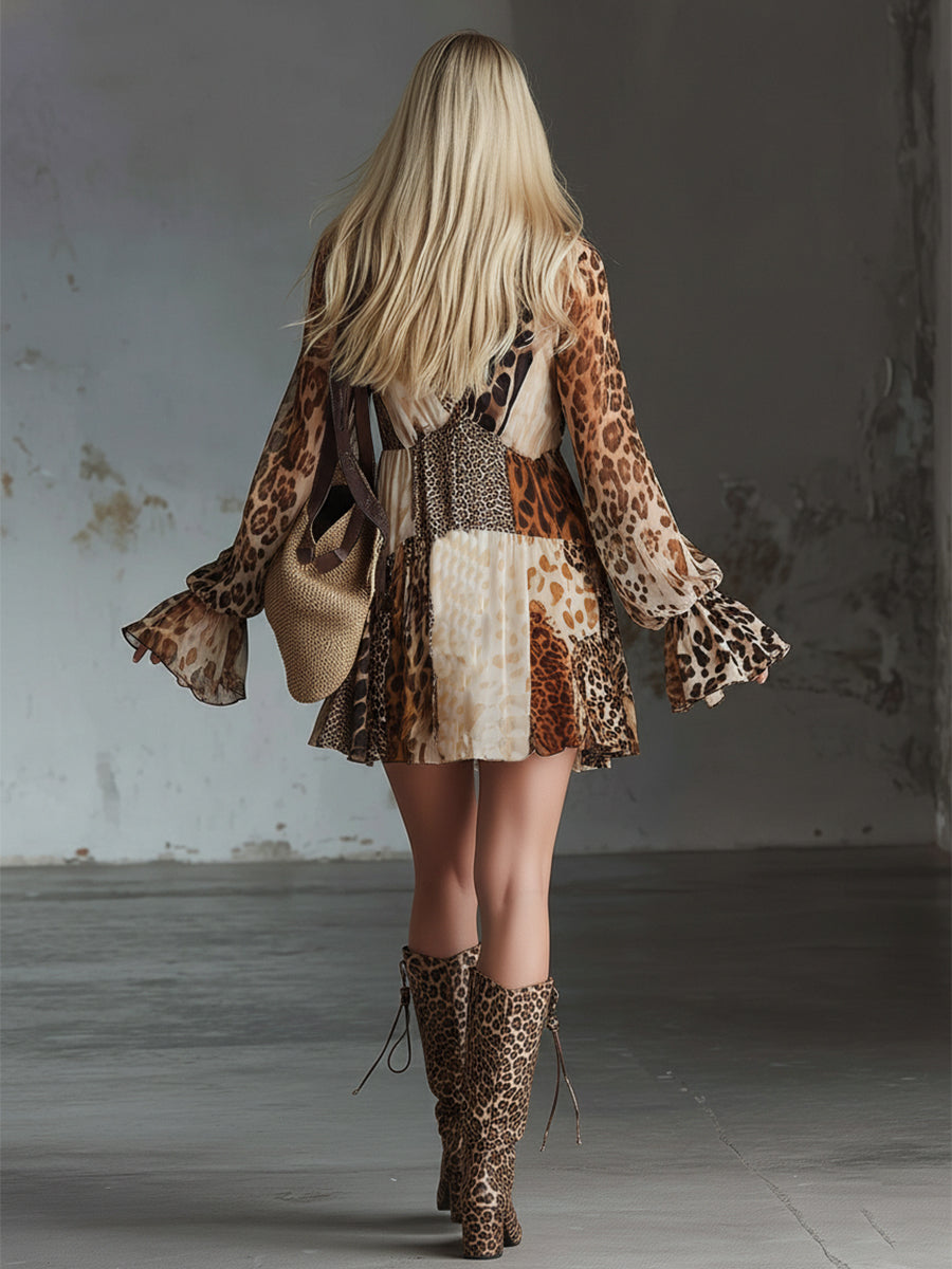 Retro Western-style Animal Print Brown Chiffon Long-sleeved Mini Dress