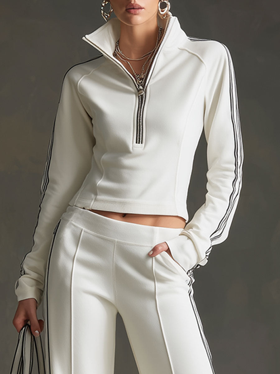 Sporty Retro Striped Webbing White Long-Sleeve Sweatshirt And Wide-Leg Pants Set