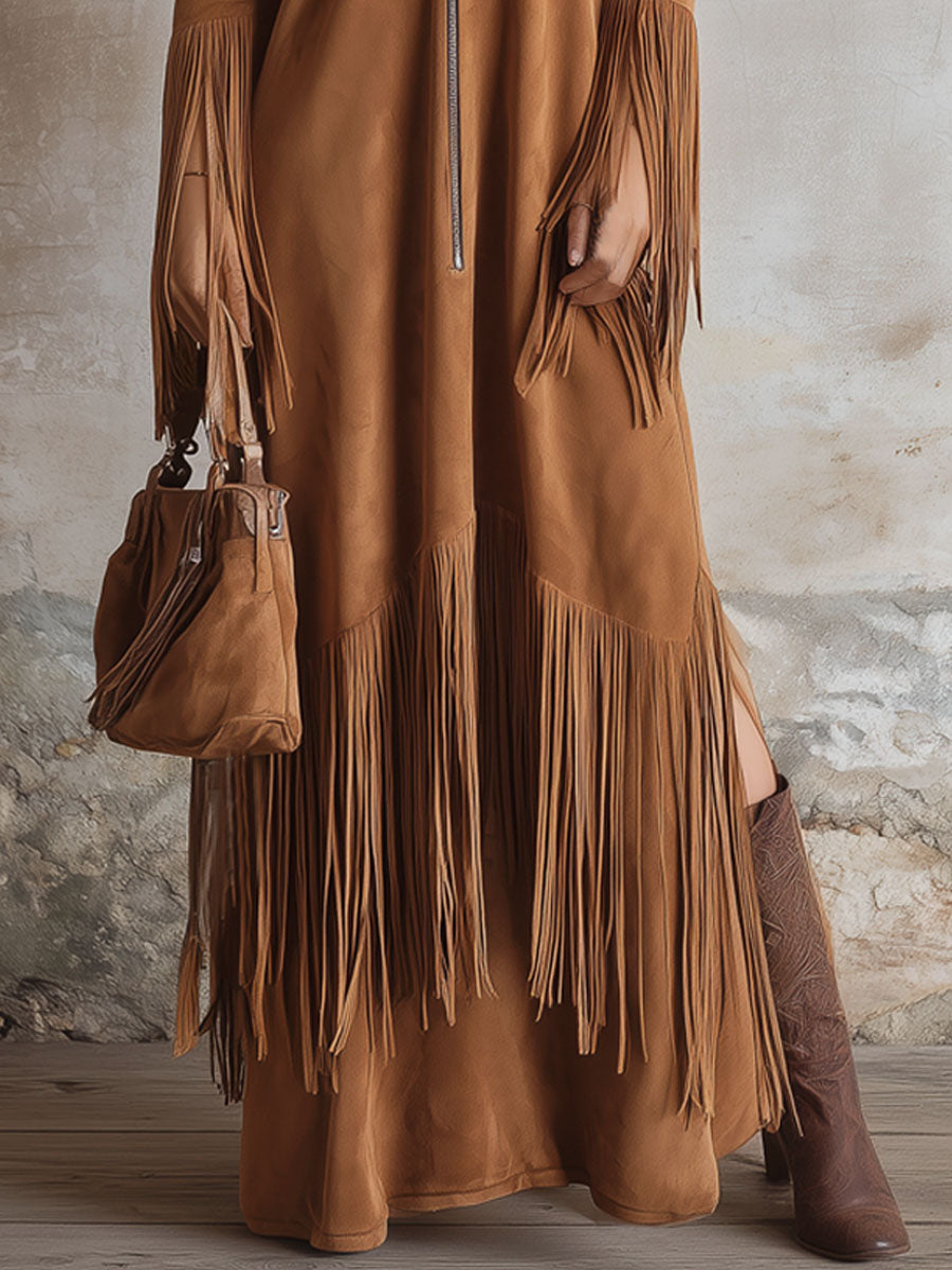 Western Style V-neck Zip-up Off-the-shoulder Fringe Long-sleeved Maxi Dress