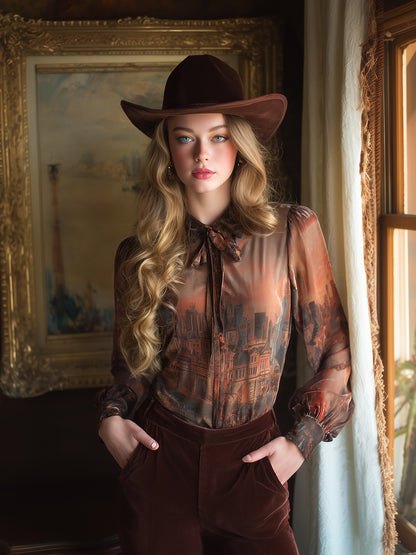 Retro Western-style Printed Shimmering Chiffon Shirt
