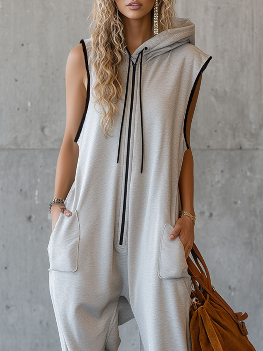 Sporty Retro White-grey Cotton Blend Sleeveless Hooded Jumpsuit