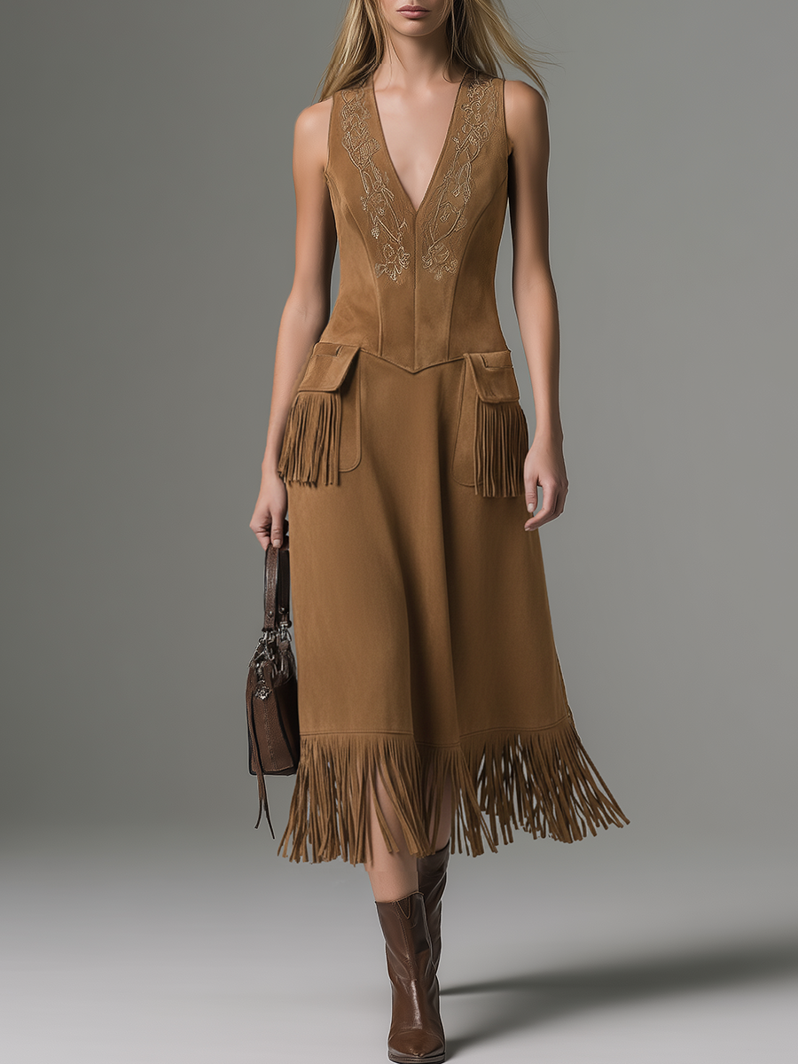 Retro Elegant V-neck Embroidered Tassel Sleeveless Midi Dress