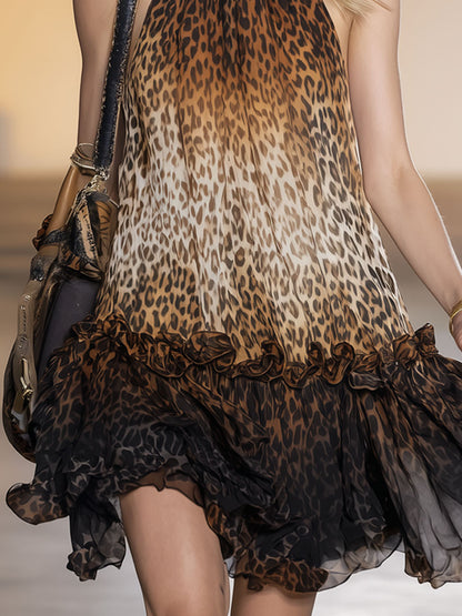 Ruffled High-neck Gradient Leopard Print Chiffon Sleeveless Mini Dress