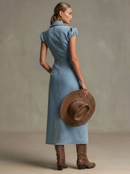 Casual Retro Light Blue Denim Cutout Short-sleeved Zipper Midi Dress