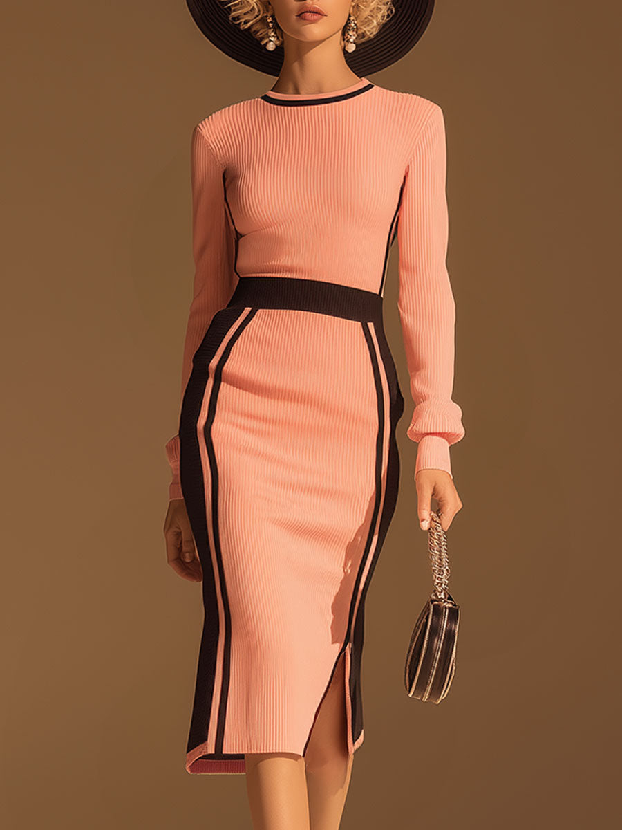Stylish And Casual Round-neck Black And Pink Knitted Midi Dress