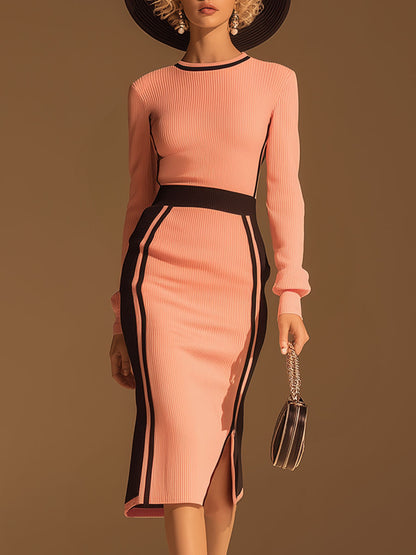 Stylish And Casual Round-neck Black And Pink Knitted Midi Dress