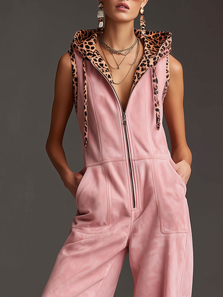 Western Retro Pink Faux Suede Sleeveless Leopard Print Hooded Wide-Leg Jumpsuit