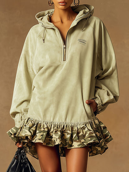 Western Retro Camouflage Ruffled Light Green Faux Suede Hooded Mini Dress