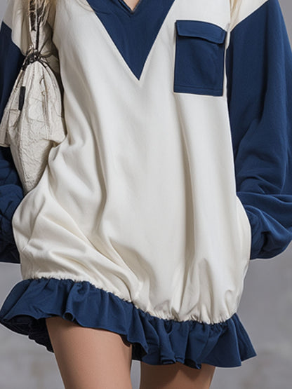 Loose-fitting Color-blocked Half-zip Long-sleeved Athletic Mini Dress