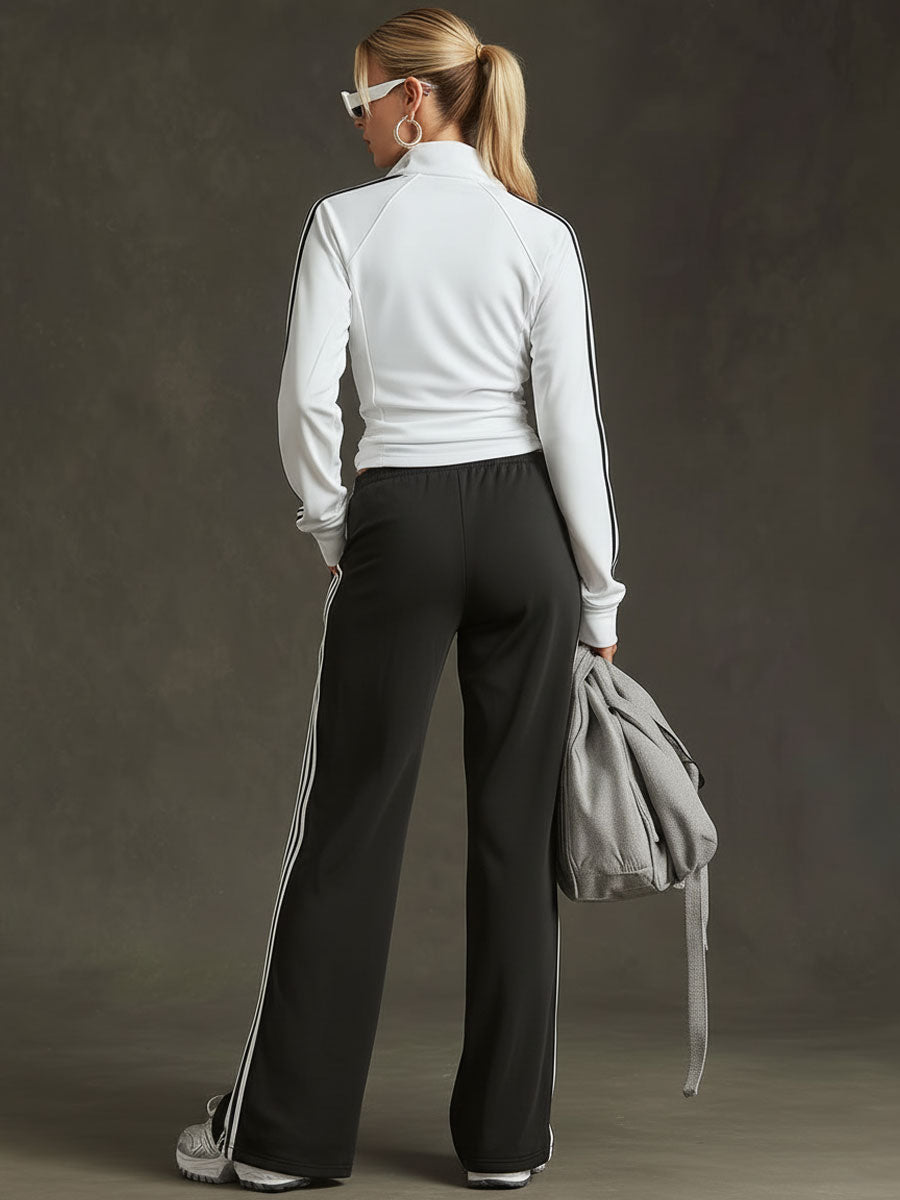 Sporty Retro Striped Black-White Long-sleeved Sweatshirt And Wide-leg Pants Set