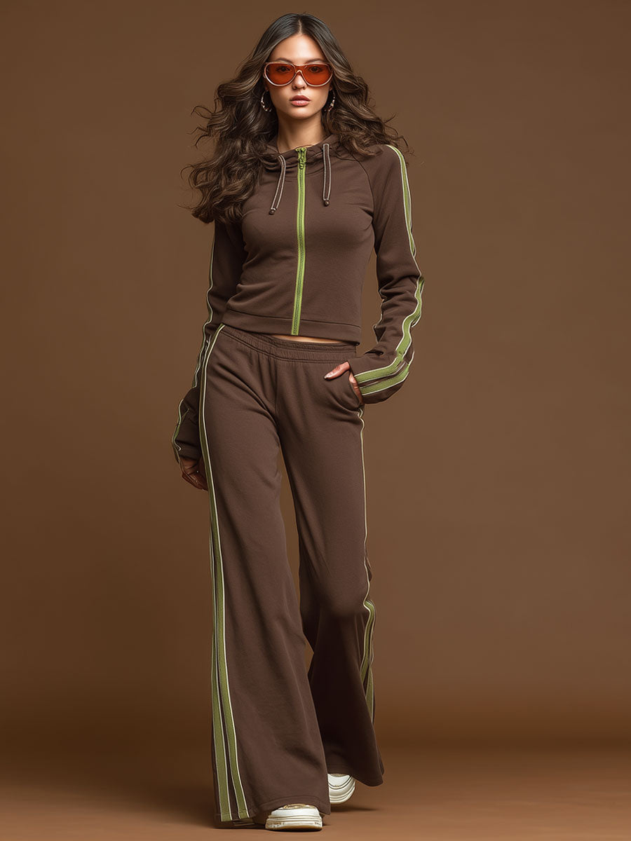 Sporty Retro Webbing Brown Long-Sleeve Sweatshirt And Wide-Leg Pants Set