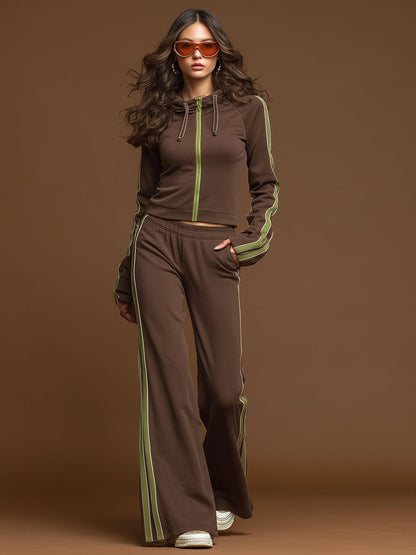 Sporty Retro Webbing Brown Long-Sleeve Sweatshirt And Wide-Leg Pants Set