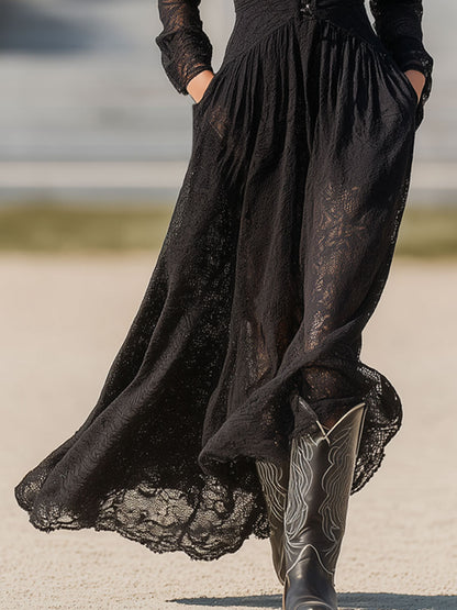 Western Retro V-neck Black Lace Long-sleeved Maxi Dress