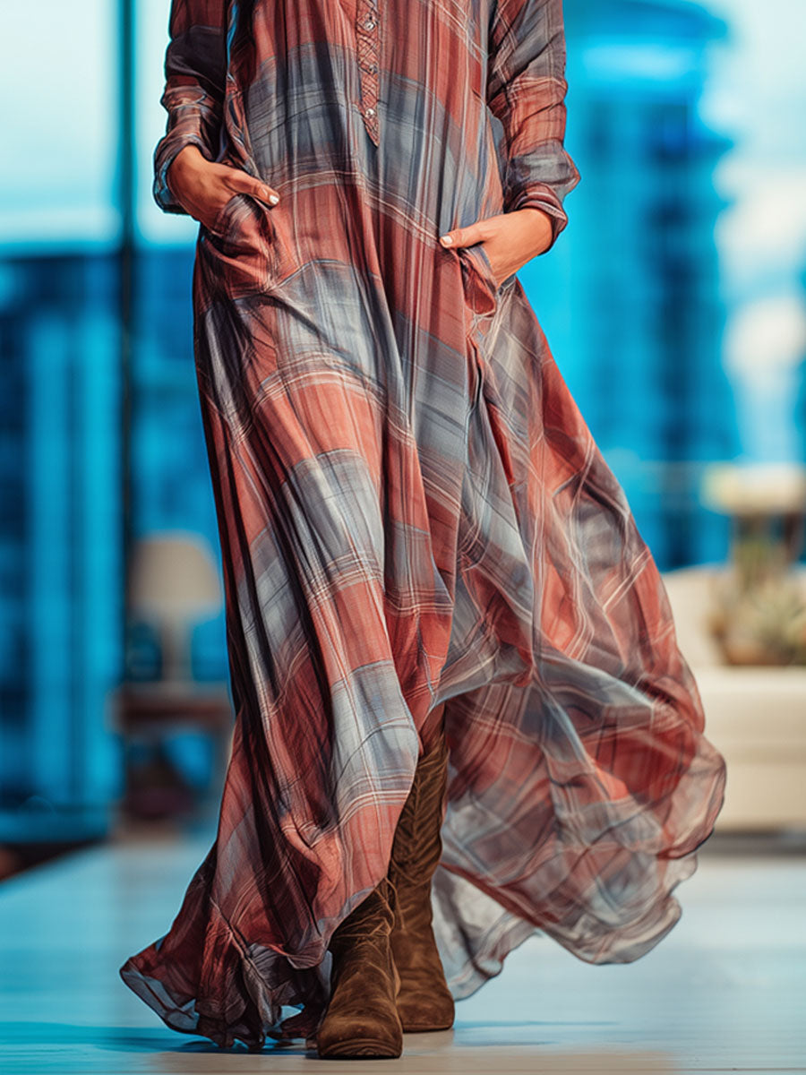 Loose-fitting Half-open Neckline Retro Plaid Chiffon Long-sleeved Maxi Dress