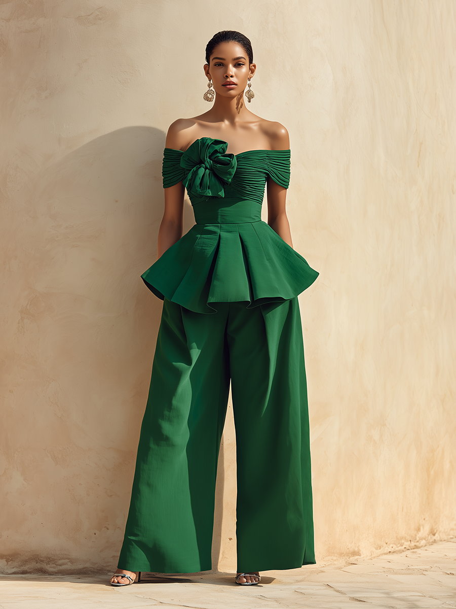Elegant Vacation-style Off-the-shoulder Top And Wide-leg Pants Set