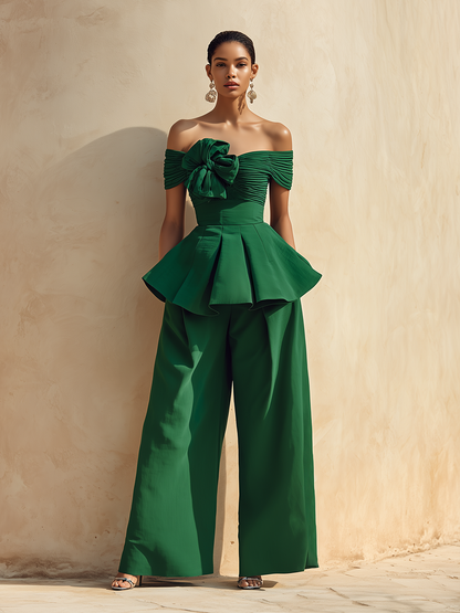 Elegant Vacation-style Off-the-shoulder Top And Wide-leg Pants Set
