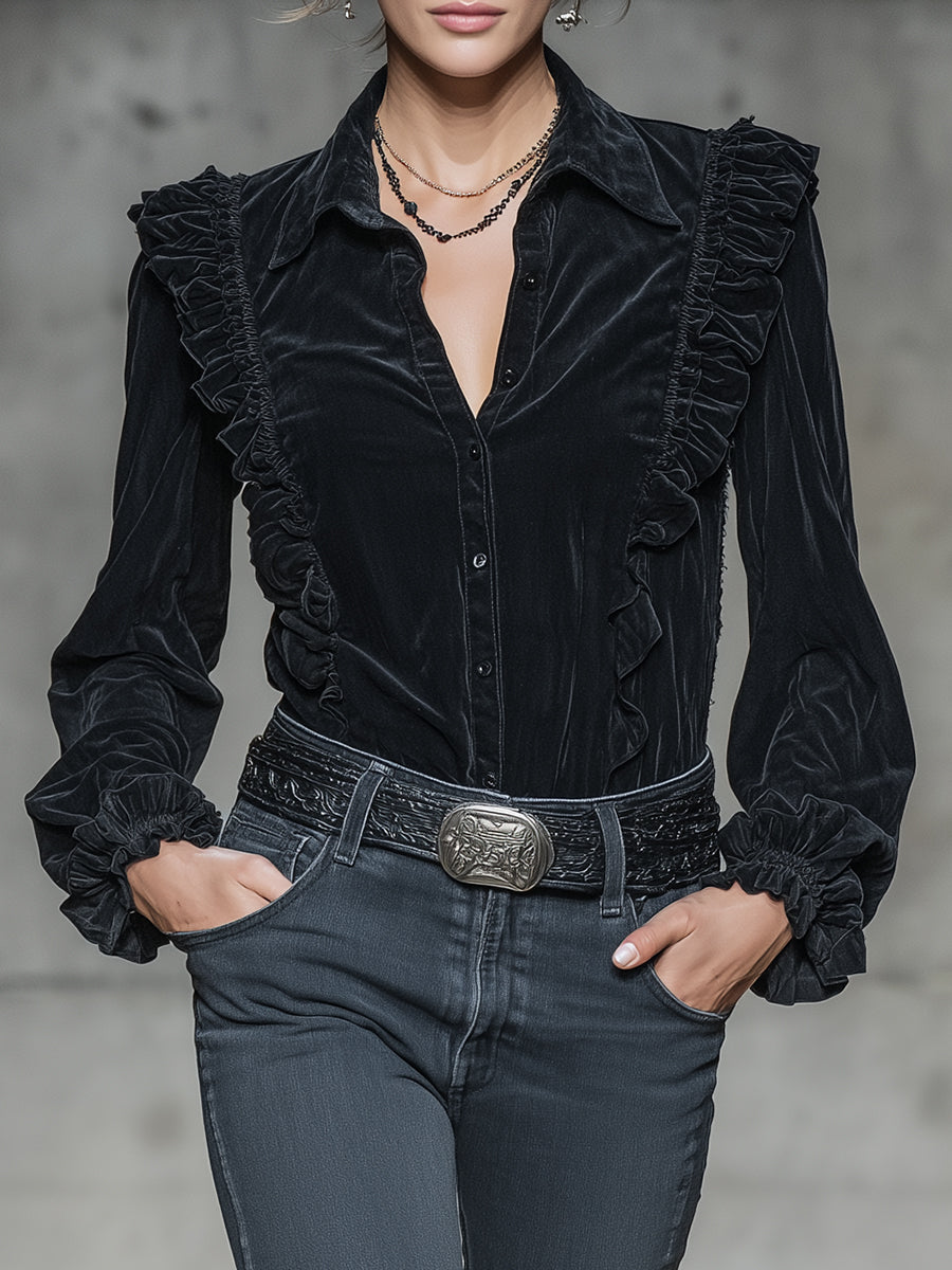 Stylish Black Faux Suede Long-sleeved With Ruffled Trim And Buttons Shirt