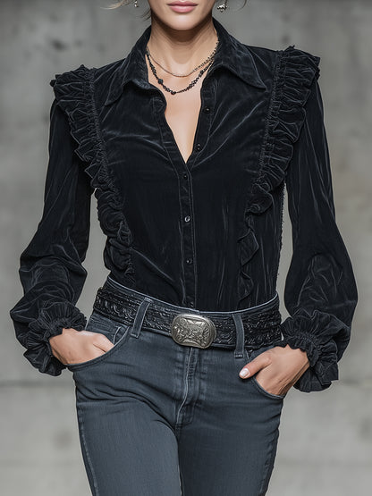 Stylish Black Faux Suede Long-sleeved With Ruffled Trim And Buttons Shirt