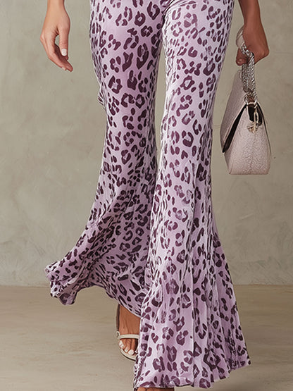 Stylish And Elegant Purple Leopard Print Velvet Sleeveless Top And Pants Set