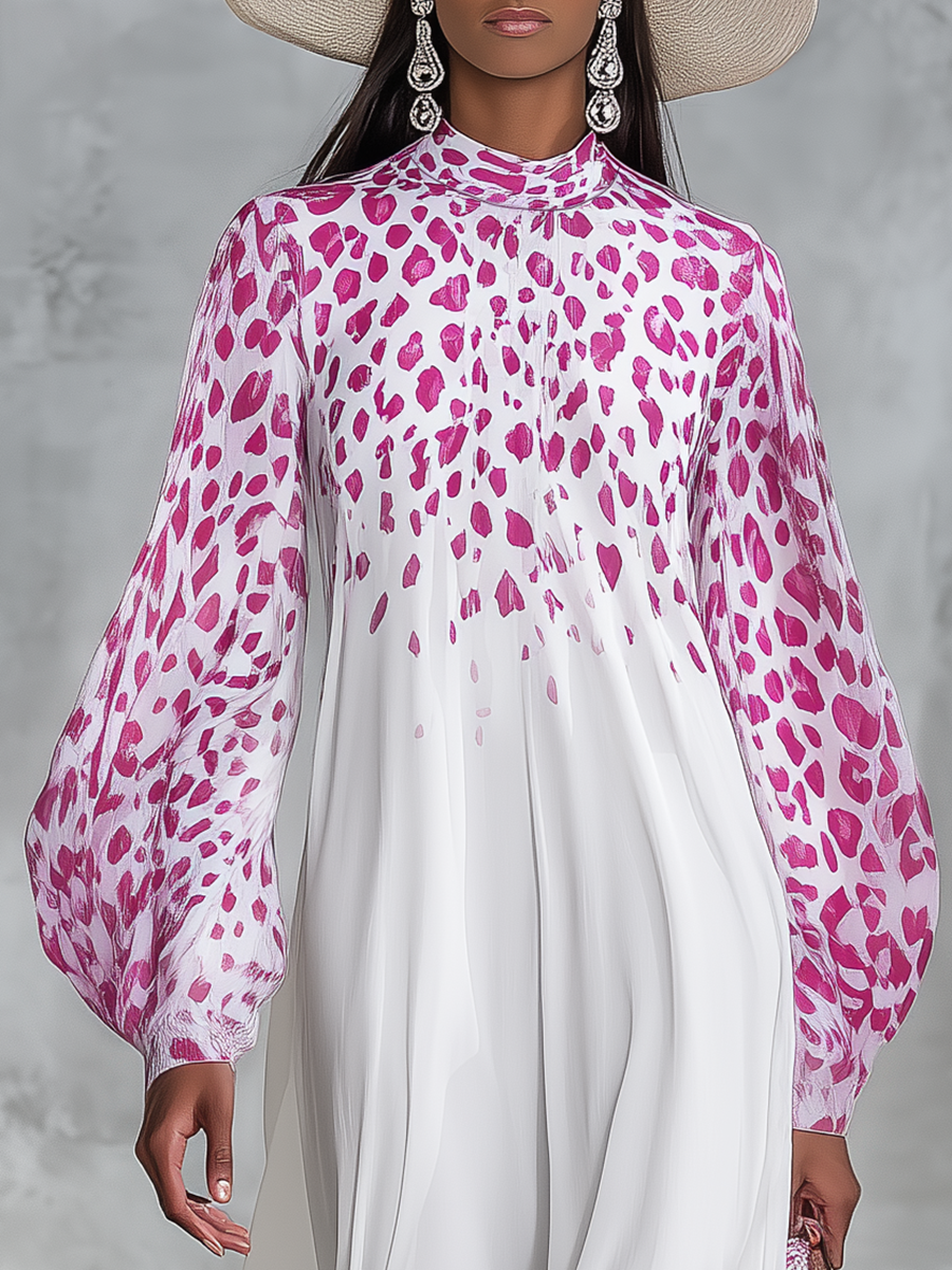 Vintage Charming Leopard Print Stand-collar Loose Chiffon Maxi Dress