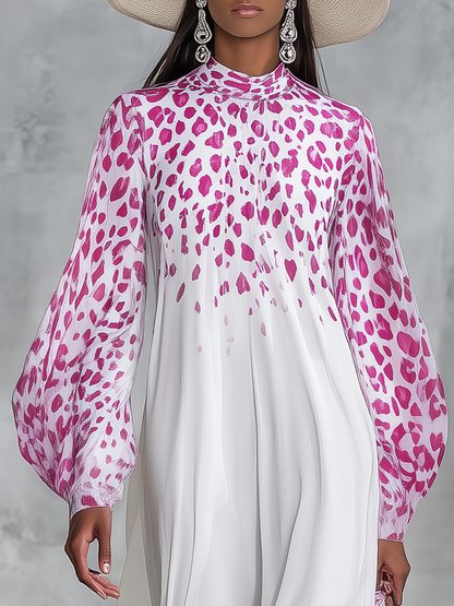 Vintage Charming Leopard Print Stand-collar Loose Chiffon Maxi Dress