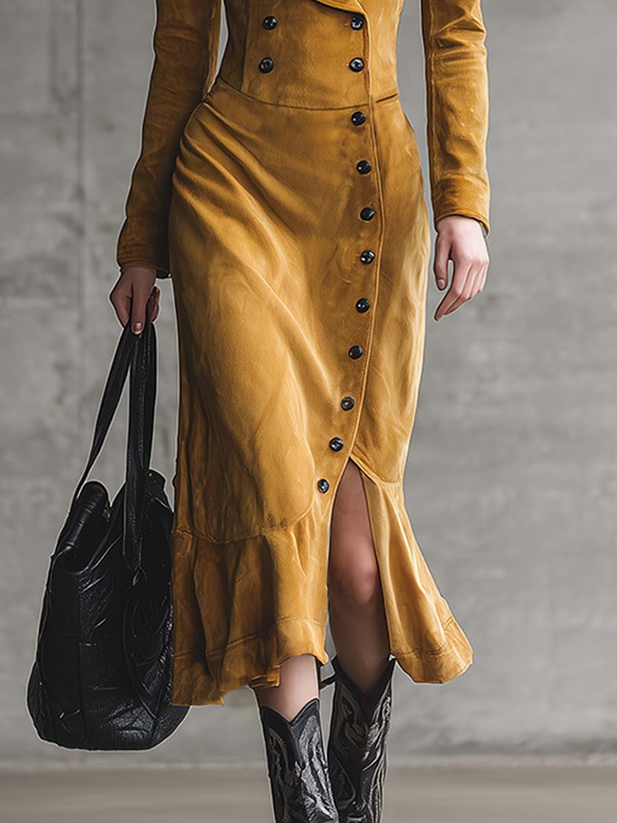 Elegant Retro Western V-neck Diagonal Front Button Slit Yellow Suede Midi Dress