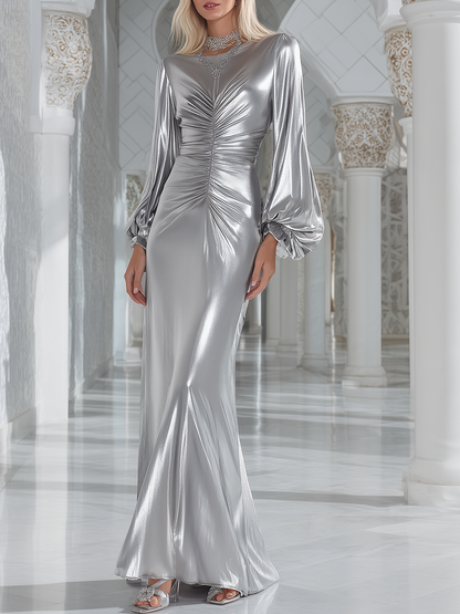 Chic Futuristic Ruched Silver Maxi Dress