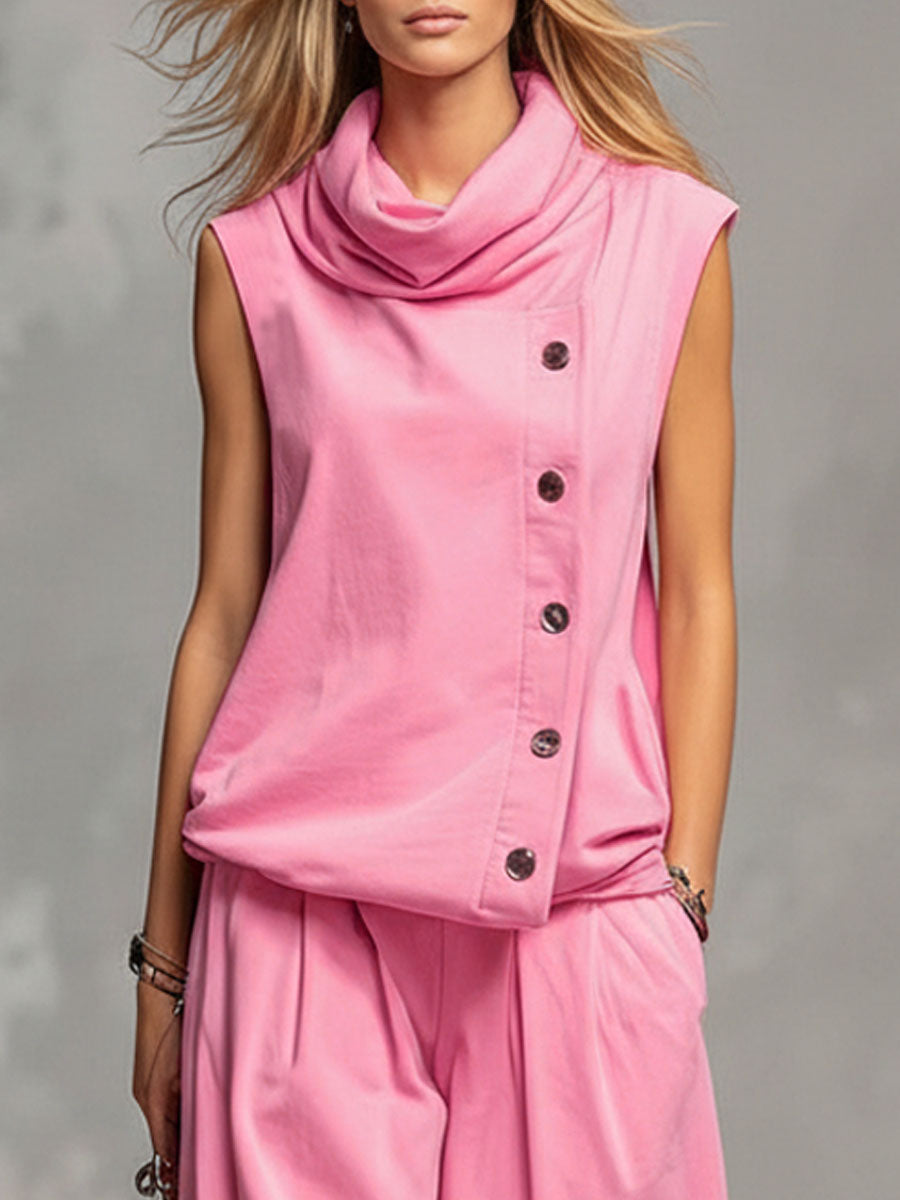 High-neck Single-breasted Sleeveless Top And Trousers Set