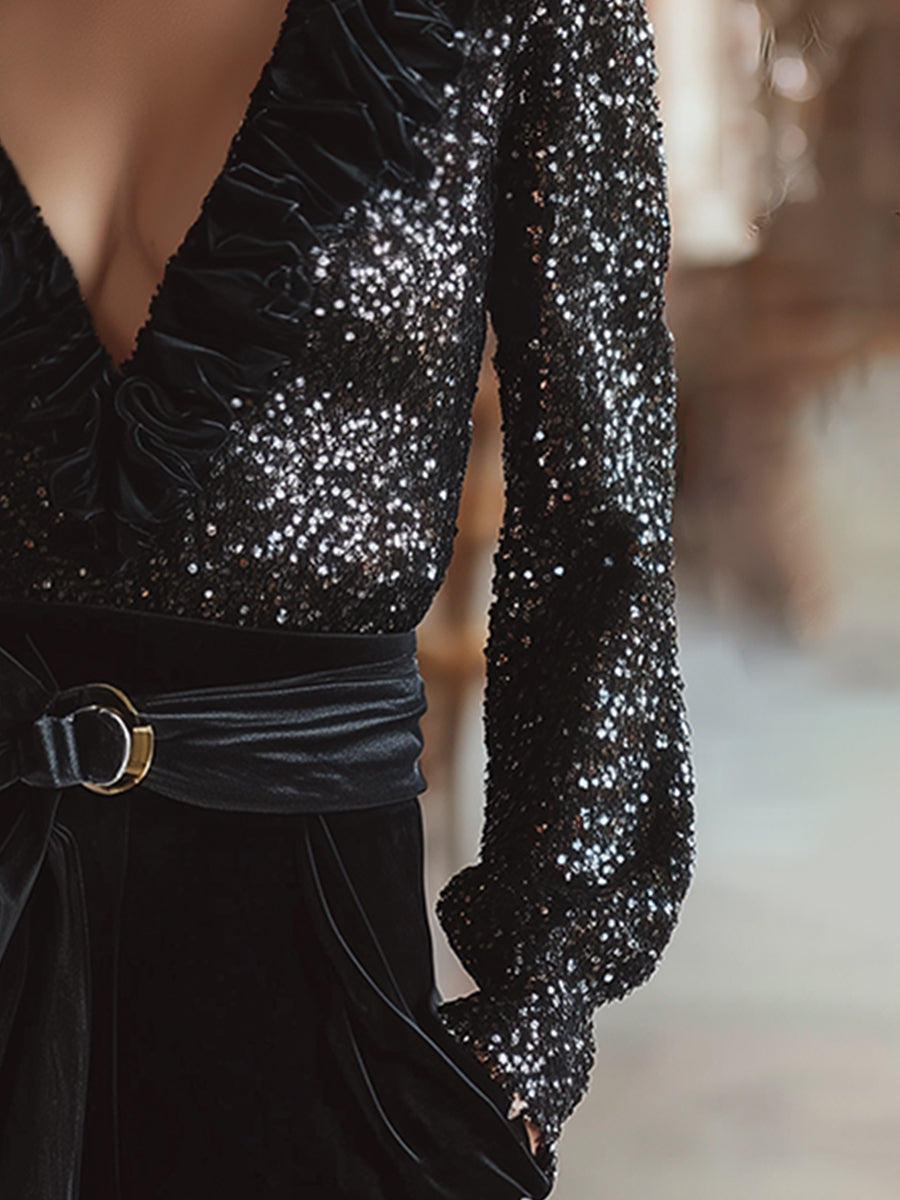 Elegant Party Black Sequined V-neck Ruffle Collar Shirt
