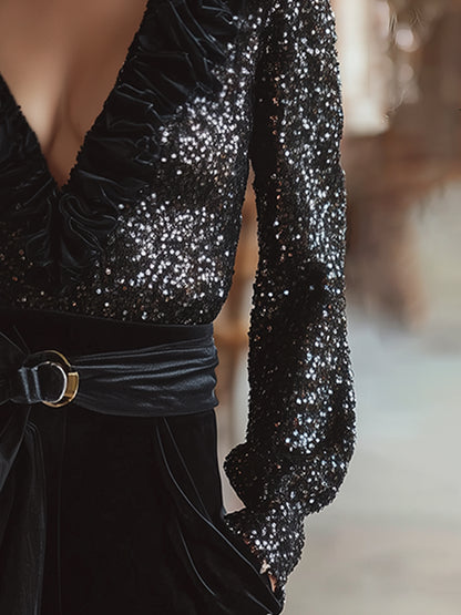 Elegant Party Black Sequined V-neck Ruffle Collar Shirt