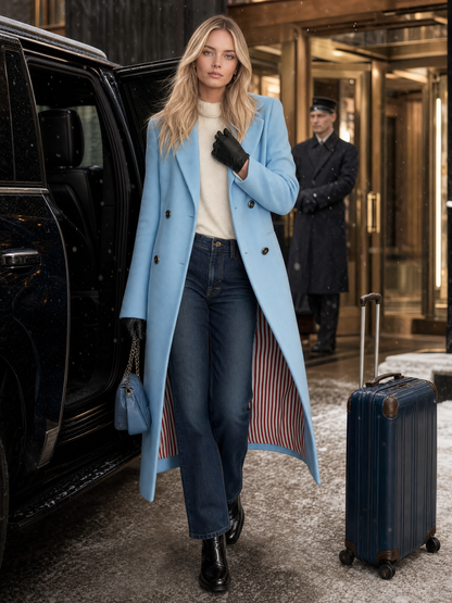 Elegant Classic Lapel Double-breasted Style With Striped Lining Mid-to-long Tweed Coat