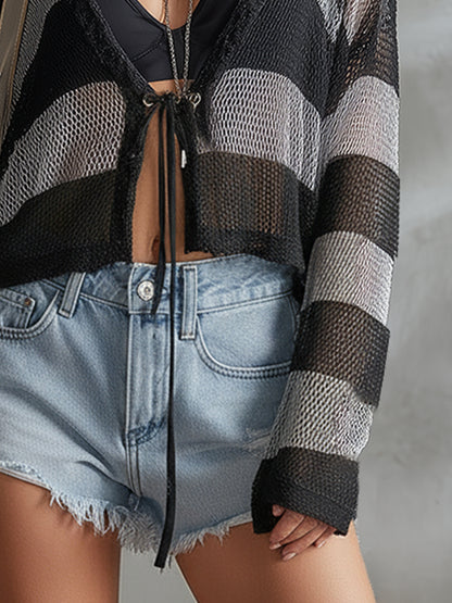 Trendy Vacation Striped Mesh Knit Cardigan