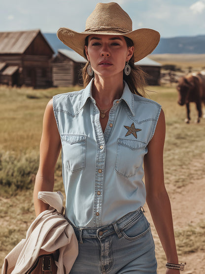 Western Retro Embroidered Blue Sleeveless Denim Shirt
