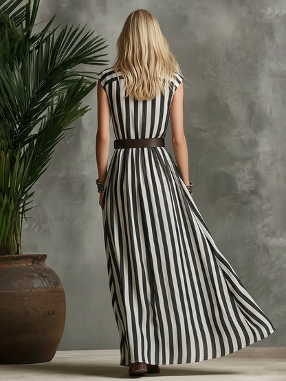 Retro Color-block Striped Lapel Sleeveless Maxi Dress