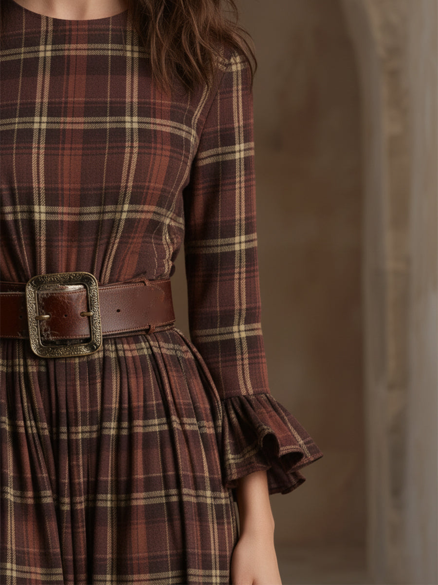 Elegant Retro Brown-red Plaid Flared Sleeve Midi Dress